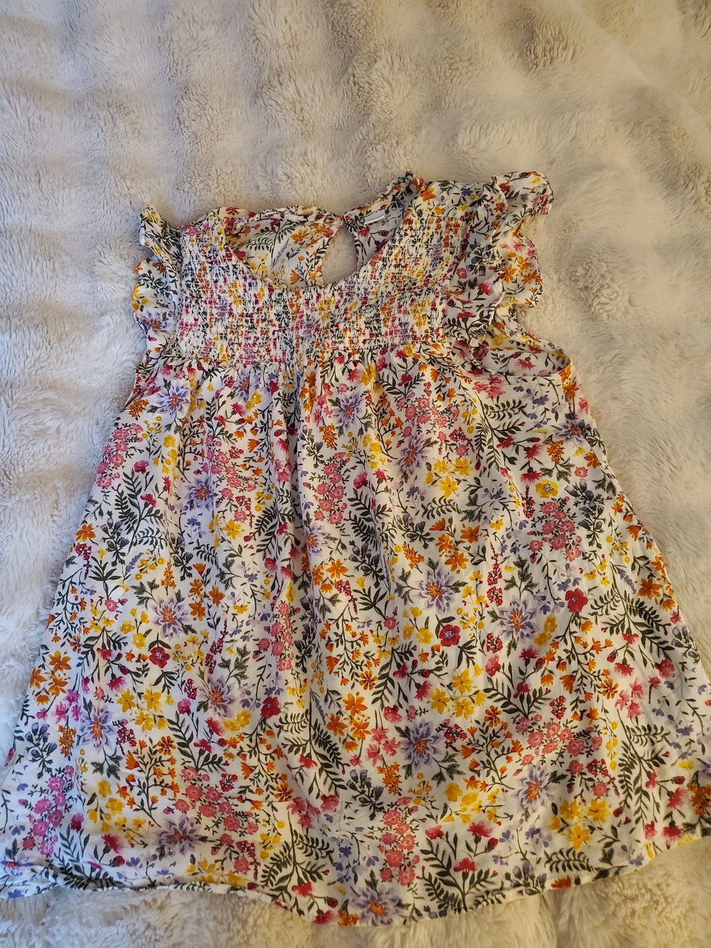 Old Navy White Floral Top with Pink, Yellow & Purple Flowers